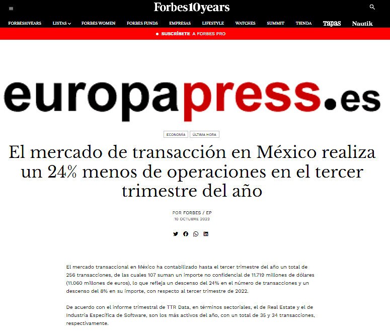 El mercado de transaccin en Mxico realiza un 24% menos de operaciones en el tercer trimestre del ao